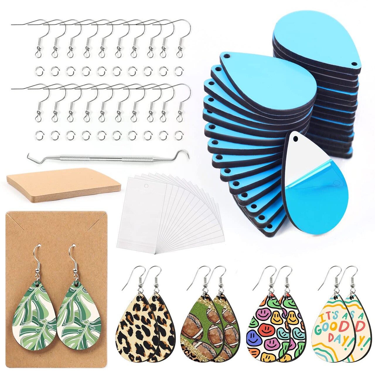 30 Pieces Sublimation Earring Blanks Bulk - Wood Earrings Blanks with Blue Protective Film - Unfinished MDF Teardrop Earrings for Sublimation Printing with Template, Weeder, Hooks, Jump Rings